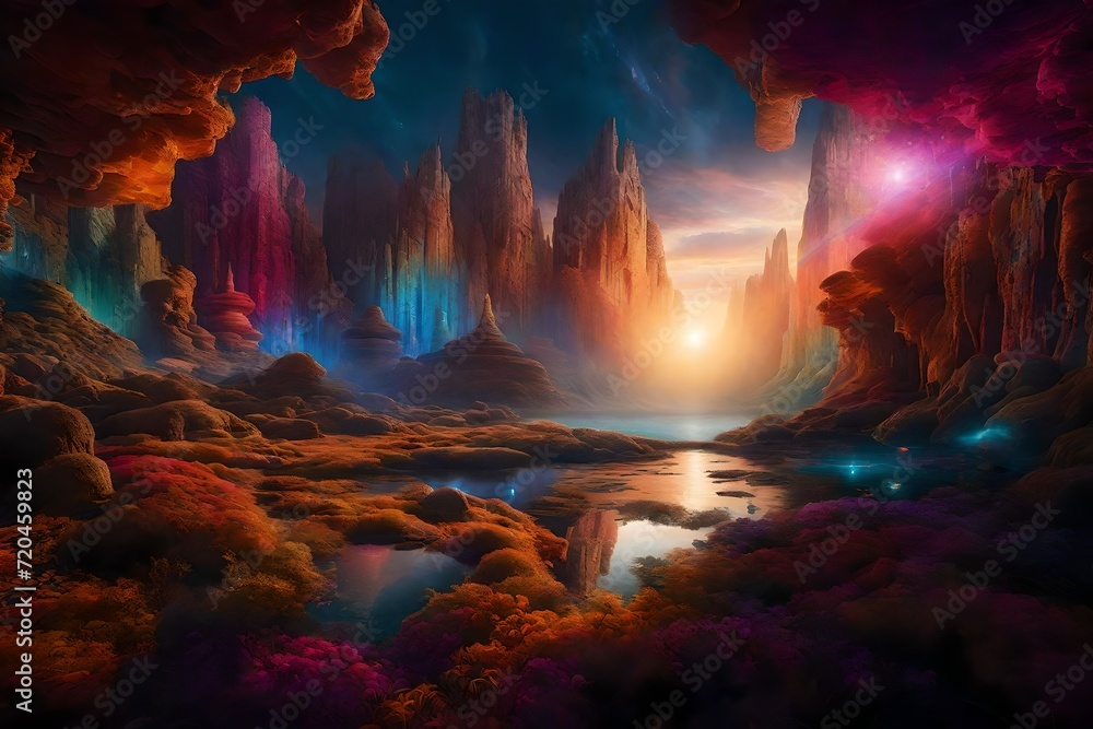 A surreal dreamscape comes to life as an explosion of colors and abstract forms, symbolizing the boundless realm of creativity and imagination.
A surreal dreamscape comes to life as an explosion of colors and abstract forms, symbolizing the boundless realm of creativity and imagination.