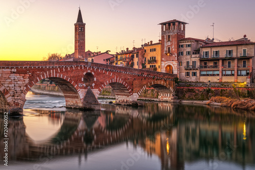 Verona, Italy Town Skyline on the Adige River with Ponte Pietra photo