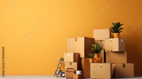 Move concept. Cardboard boxes and cleaning things for moving into a new home. Cardboard boxe background.
 photo