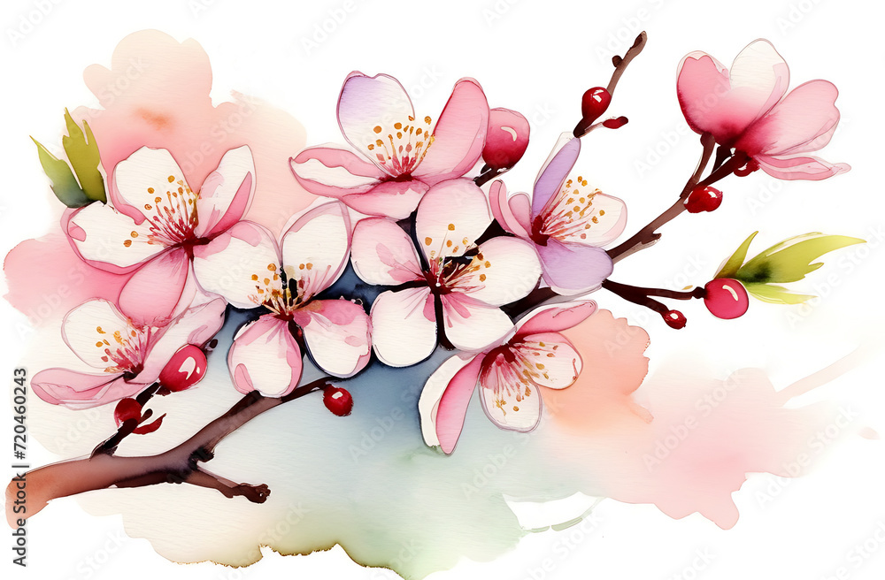 Watercolor spring cherry blossom cherry branch