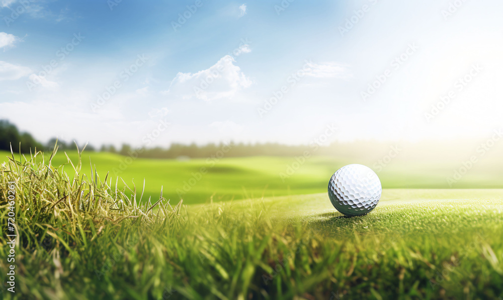 Close up golf ball on green grass field. Open golf course. Close up golf ball on green grass field. Open golf course.