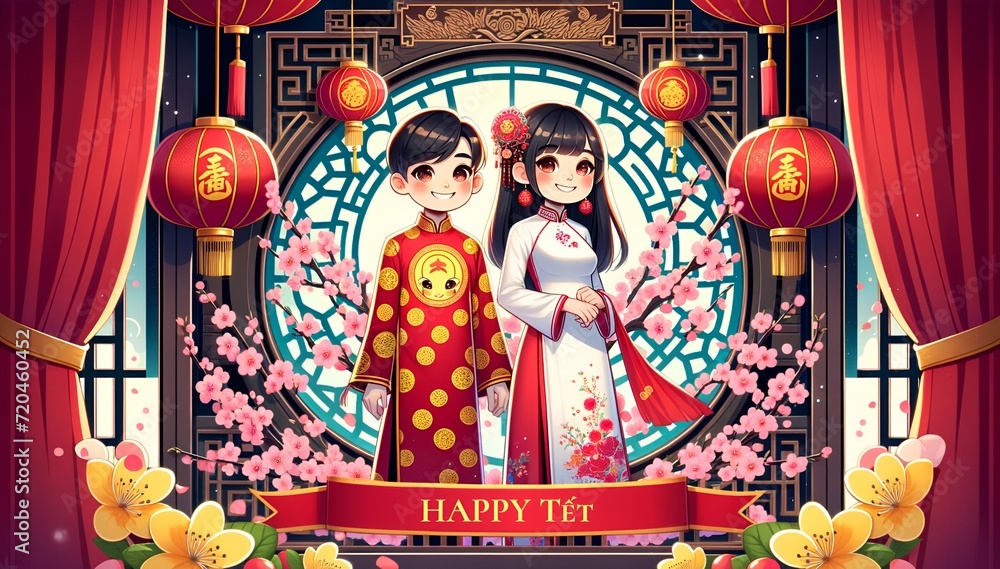 Illustration for Tet,  Vietnamese Lunar New Year, the Year of the Dragon in a cartoon style.