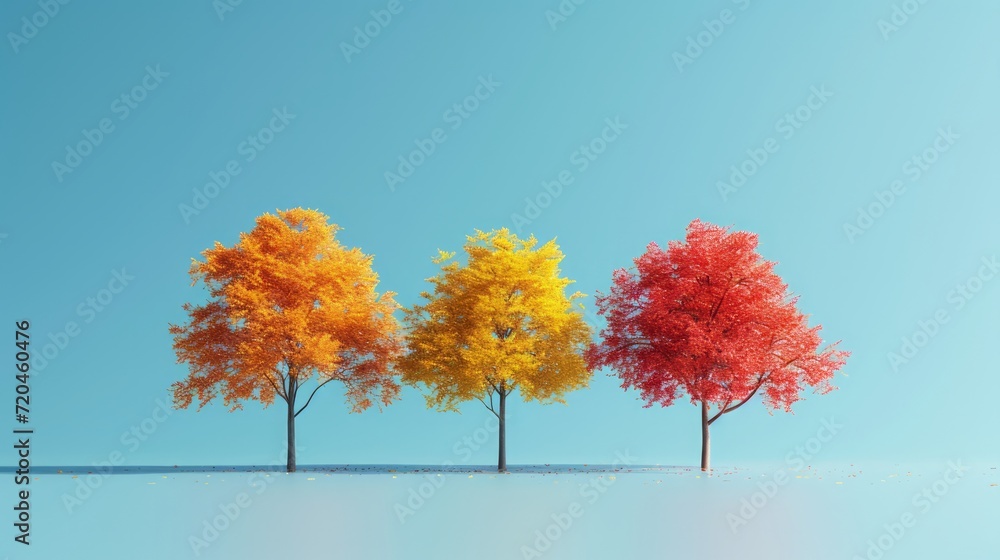 High visibility colored trees on blue background,3D, Trees stand ing, space for text High visibility colored trees on blue background,3D, Trees stand ing, space for text