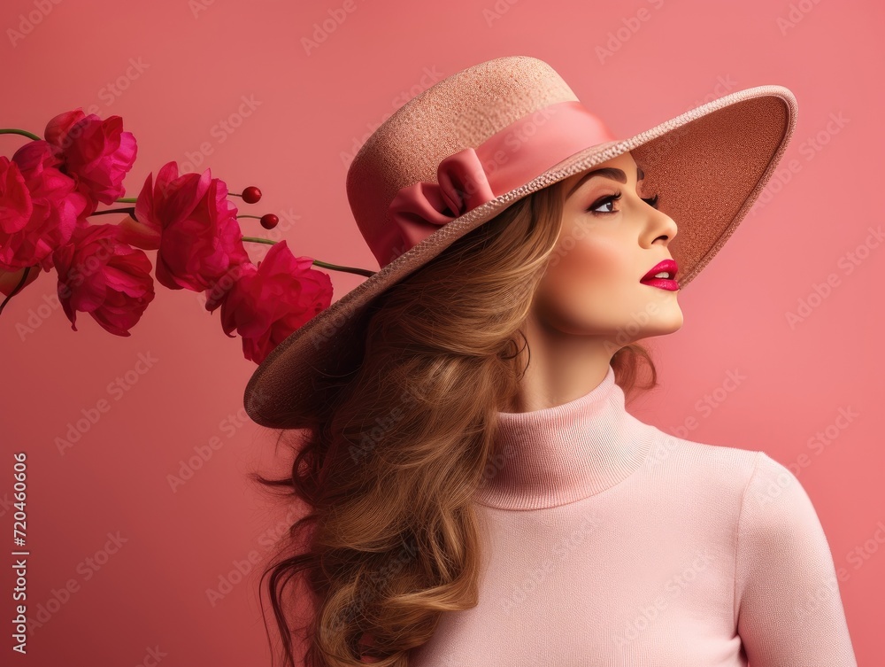 Woman With Long Hair Wearing Pink Hat Woman With Long Hair Wearing Pink Hat
