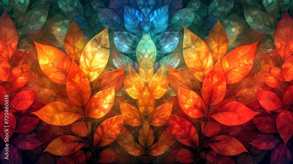 Fototapeta premium Stained glass window background with colorful Flower and Leaf abstract. 