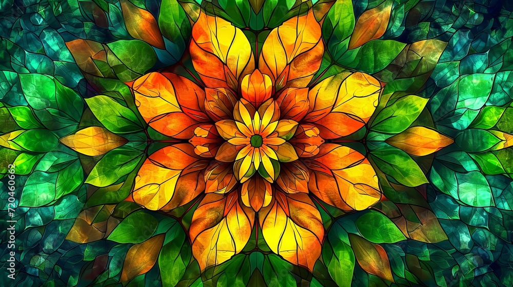 Naklejka premium Stained glass window background with colorful Flower and Leaf abstract.