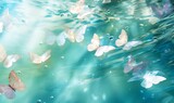 Surreal,top view, there are many turquoise and light pastel pink butterflies on the sparkling white water,beautiful curves,sunlight,spots,reflective cyan,light and shadow. Generative Ai