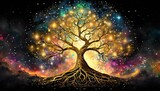 golden tree of life, spiritual symbol, galaxy in background, universe