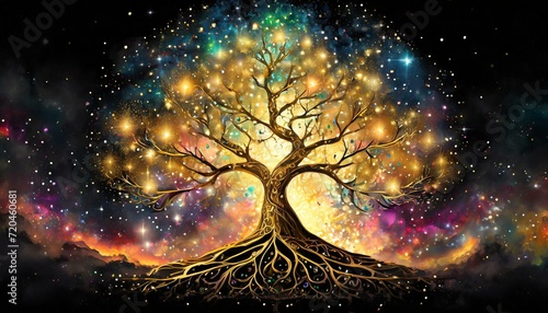 golden tree of life, spiritual symbol, galaxy in background, universe