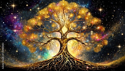 golden tree of life, spiritual symbol, galaxy in background, universe photo