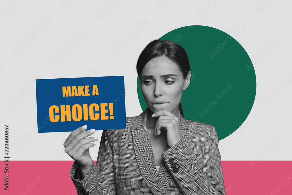 Creative drawing collage picture of unsure female hold plate make choice vote campaign weird freak bizarre unusual fantasy Creative drawing collage picture of unsure female hold plate make choice vote campaign weird freak bizarre unusual fantasy