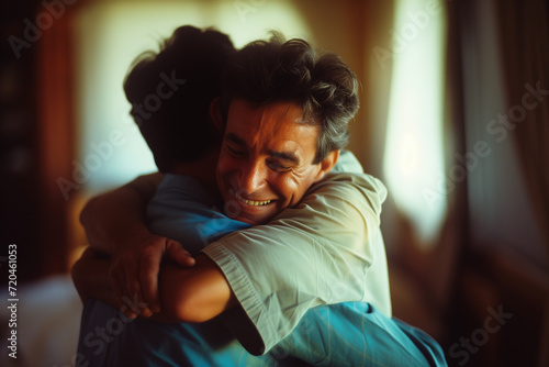Cheerful mid-adult man and senior father embracing in kitchen. Warm intergenerational moment captured in a familial hug, expressing love and connection. photo