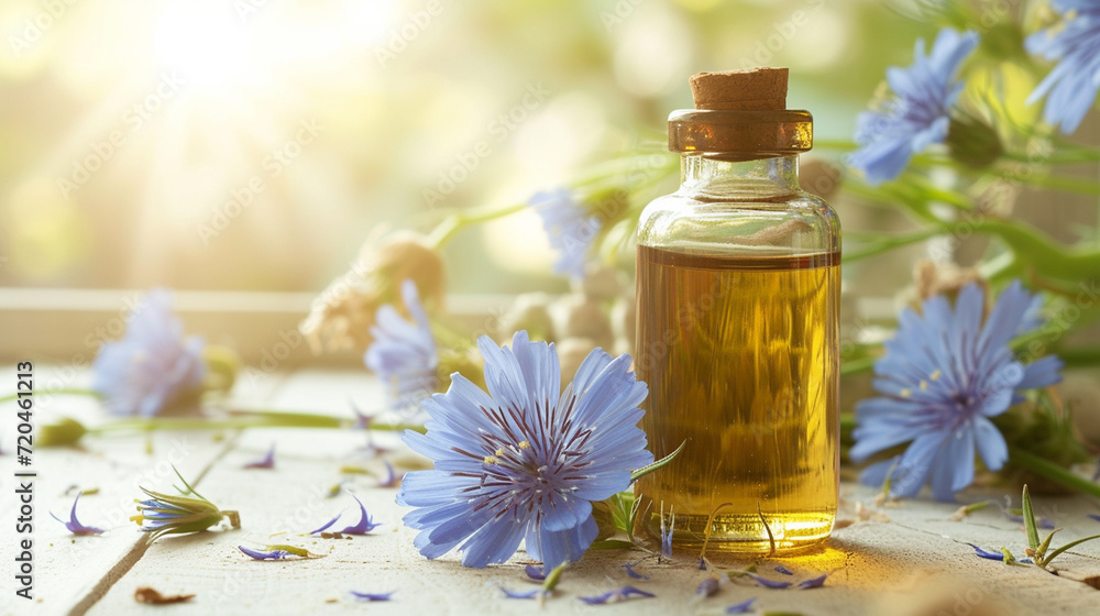 jar with essential oil extract of chicory oil on a wooden background jar with essential oil extract of chicory oil on a wooden background