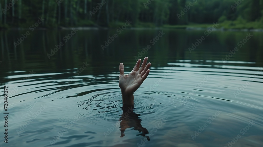 Fototapeta premium Reaching Hand Emerges from Mysterious Lake Depths