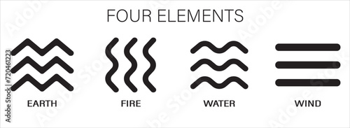 The four elements icons, line symbols. Vector illustrator logo template. Wind, fire, water, earth black and white flat design 