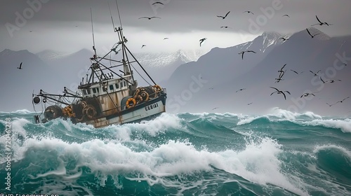 A crabber boat plows through choppy waves, a testament to the resilience of the sea-faring crew.