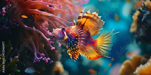 Vibrant betta fish swimming in a coral reef aquarium. capturing nature's underwater beauty in vivid colors. suitable for decor and education. AI