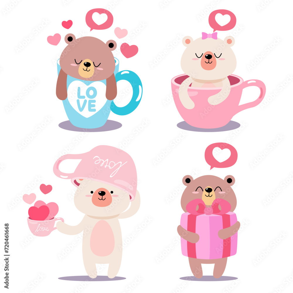 Fototapeta premium character design collection cute baby bear valentines day Love concept Doodle cartoon style, vector illustration.