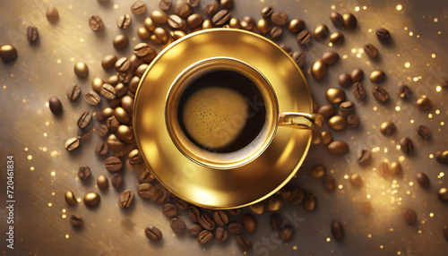 top view of a golden coffee cup with black coffee, beans and golden bokeh