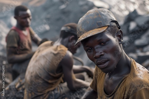 African miners working in a mine in Congo. Portrait of hard work by African miners in a scene of perseverance and determination. African men tired from work.