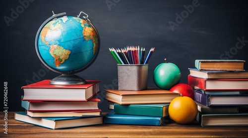 School supplies and books on wood table with copy space, blackboard background for education