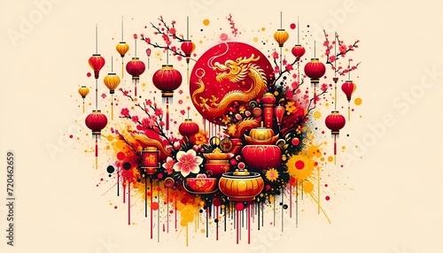 Paint splatter style illustration celebrating vietnamese  lunar new year. Year of the dragon 2024. photo