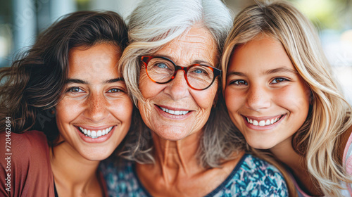 Three Generations of Women Smiling Together.A heartwarming portrait of three generations of women - a child, her mother, and grandmother, sharing a joyful moment, radiating happiness and family unity.