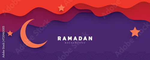 Ramadan Kareem background design with papercut cloud, moon and stars vector ilustration