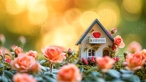 Wooden House Model with Heart Amidst Roses.A charming wooden house model featuring a red heart window, set against a backdrop of vibrant red roses and soft bokeh lighting. © Kowit