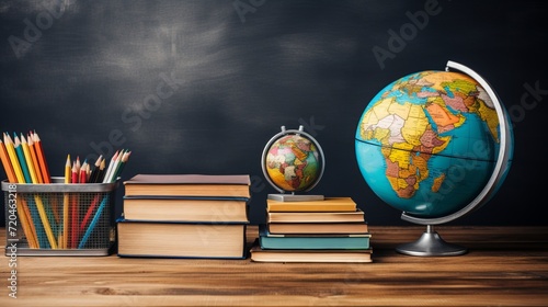School supplies and books on wood table with copy space, blackboard background for education photo