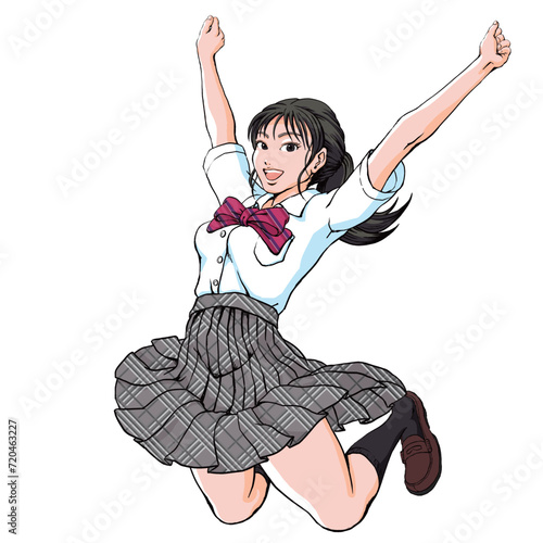 バンザイポーズでジャンプする女子高生_顔正面向き_夏服