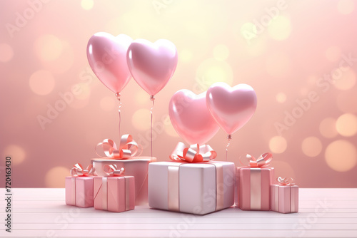 Greeting card design for Valentine Day, Wedding, Birthday celebration with balloons and gift boxes