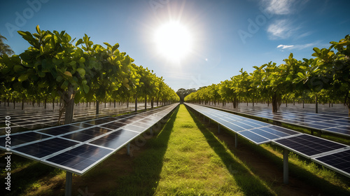 solar panels in a agriculture plantation on a farm with morning sunlight. Generate clean electric power, Farmland with agrivoltaics, solar energy agriculture, renewable energy generation, sustainable 