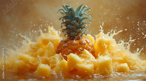 Fresh pineapple splashing into juice, vibrant summer refreshment. dynamic motion, healthy drink concept. vivid colors, close-up view. AI photo