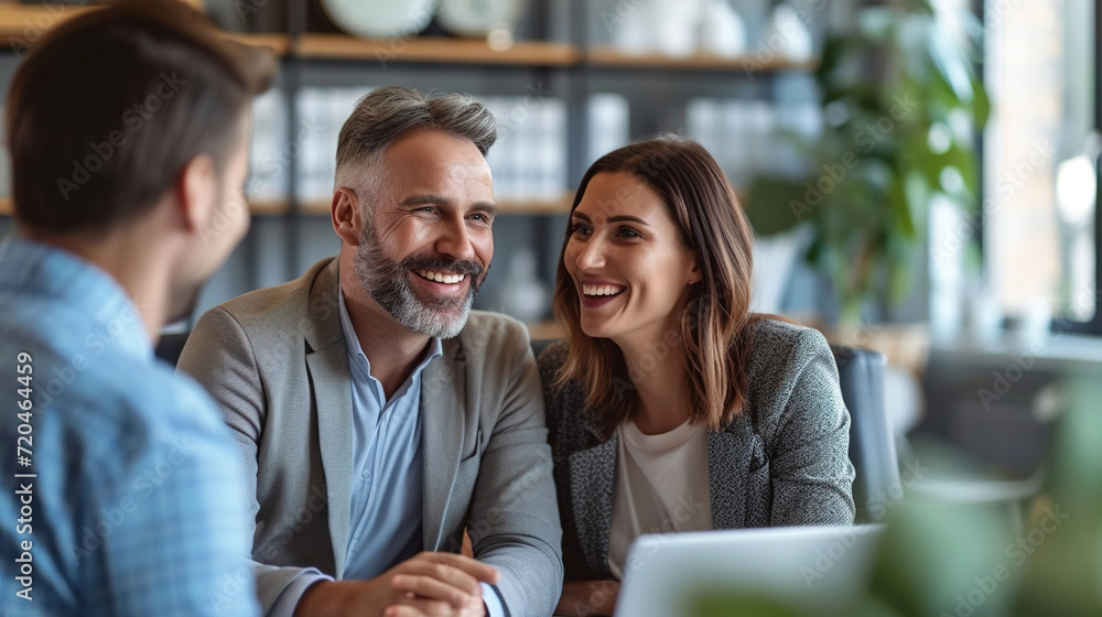 A happy couple on a meeting in an insurance company buying their new home. Generative AI A happy couple on a meeting in an insurance company buying their new home. Generative AI