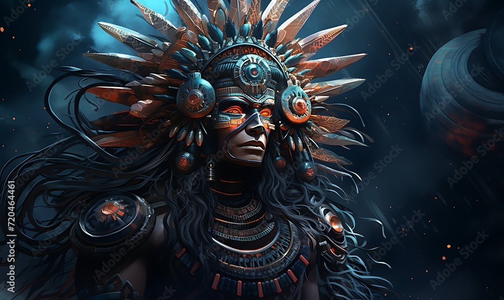 Fototapeta premium Tezcatlipoca the God of the night sky, Full of black layers, Full background, Portrait, Exquisite detail, Natural light, global illumination, Beautiful illustration. Generative Ai