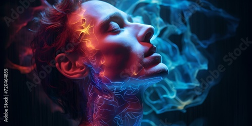 Surreal portrait of a person with vivid neon lights and smoke. artistic and futuristic concept. ideal for creative projects. AI
