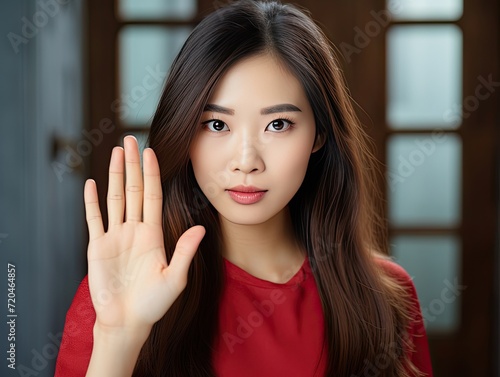 Woman With Long Brown Hair Holding Her Hand Up
