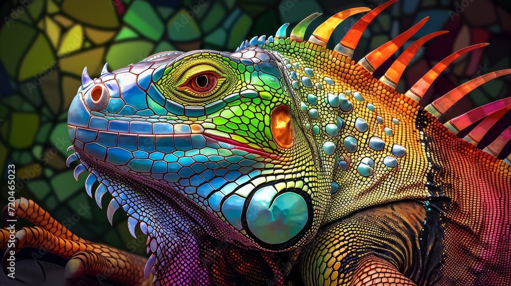 close up of a colorful iguana