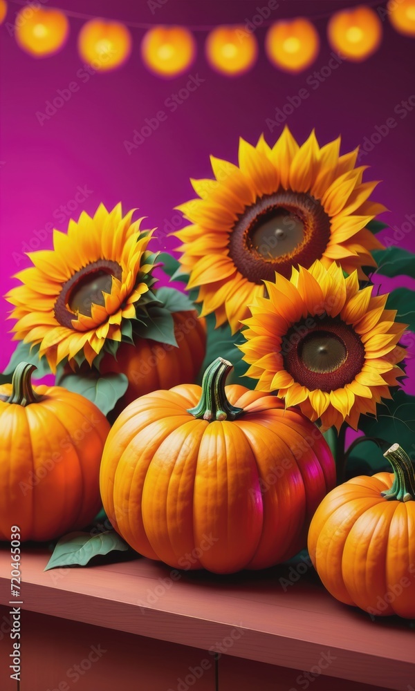a delightful and vibrant scene featuring pumpkins and sunflowers arranged against a mesmerizing magenta bokeh background. a delightful and vibrant scene featuring pumpkins and sunflowers arranged against a mesmerizing magenta bokeh background.