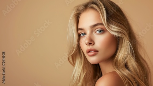 beautiful natural blond young woman, studio shot, pastel beige background, commercial photography, luscious hair, copy space