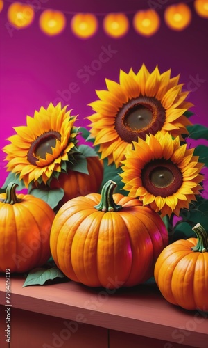 a delightful and vibrant scene featuring pumpkins and sunflowers arranged against a mesmerizing magenta bokeh background.