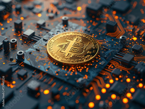 Bitcoin over a microprocessor in a motherboard. 3d render banner illustration. Generative AI