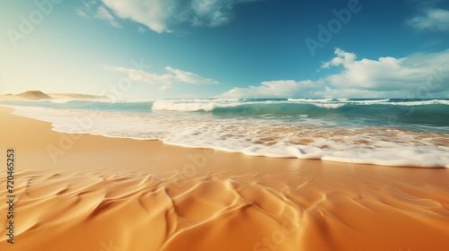 Exotic beach with realistic blue skies and light amber sand, bright and detailed ocean view