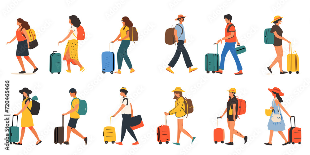 Fototapeta premium Travelers can be seen at the airport, including business tourists and individuals waiting at airport terminals with their luggage