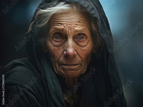 Elderly Woman Wearing a Hooded Cloak