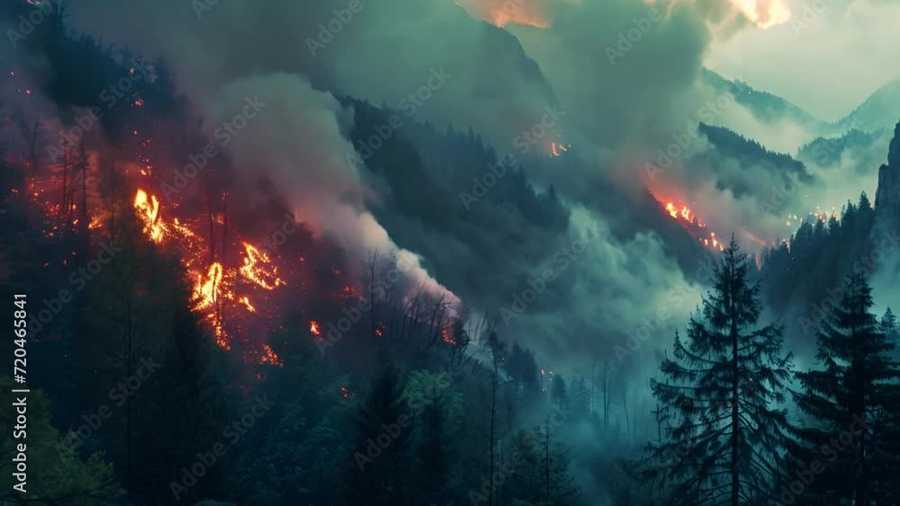 Forest fire in the mountains, top view Forest fire in the mountains, top view