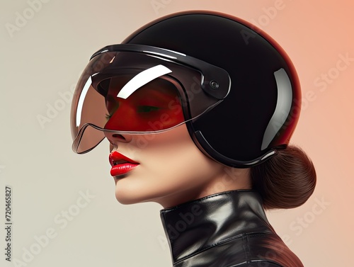 Woman Wearing Helmet and Leather Jacket on a Motorcycle.