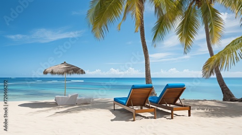Pristine white sand beach, azure ocean and tranquility framed by greenery and palm trees.