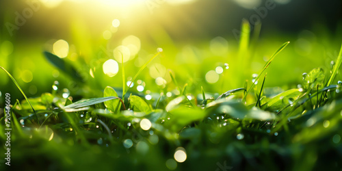 Lush green grass in macro view with dew drops under the bright, warm sunlight of a fresh summer morning, evoking growth and vitality